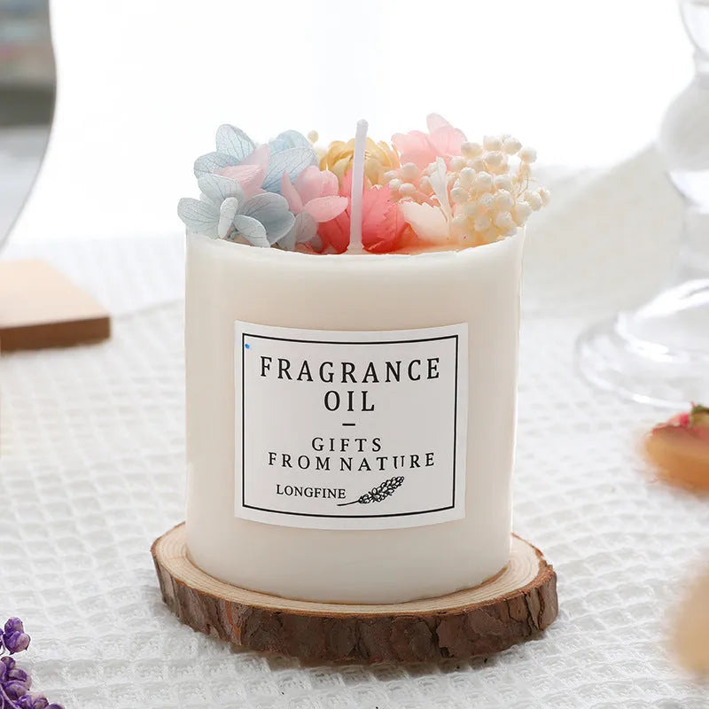 Dried flowers decorative aromatherapy candle with wooden chip base gift packaging