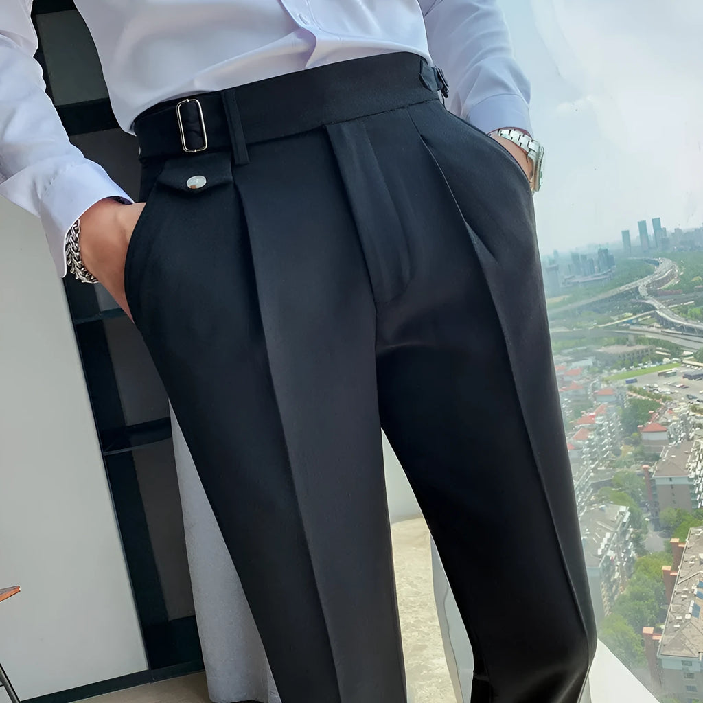 A pair of straight-leg casual trousers in a solid colour, laid flat to show the fit.