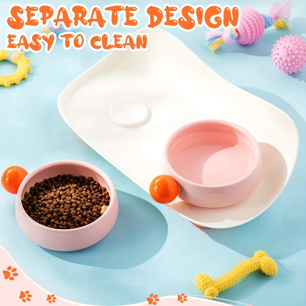Ceramic raised pet bowl set with two bowls on non-slip base for cat food and water