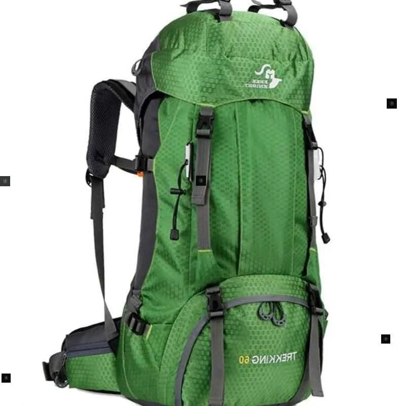 60L waterproof leather hiking backpack with zipper, available in twelve colours, for camping and climbing