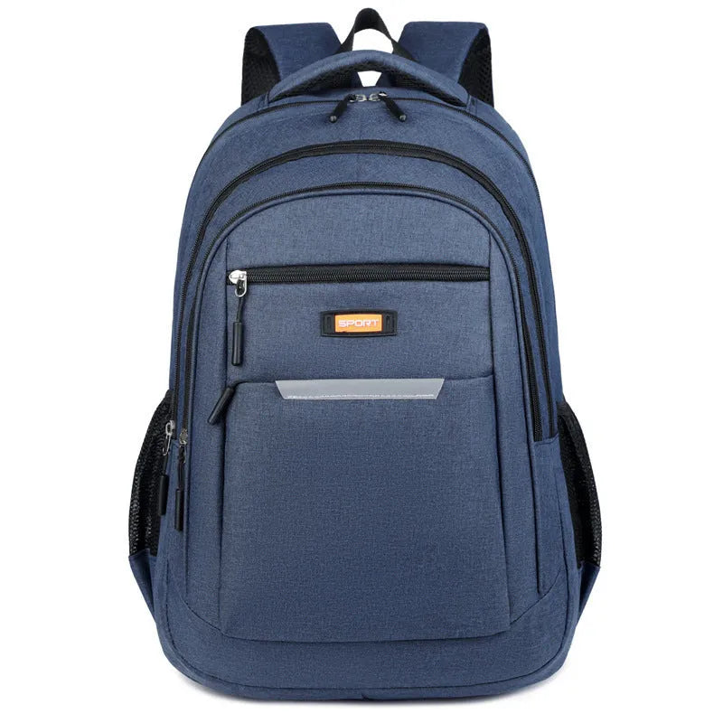 Men's casual Oxford cloth backpack shown in available colours: black, blue, gray, and green.