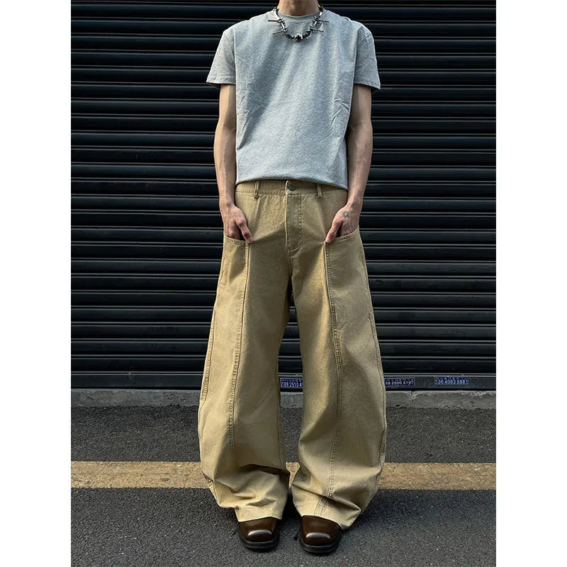 Men's straight-leg cotton trousers in solid khaki colour showing front view