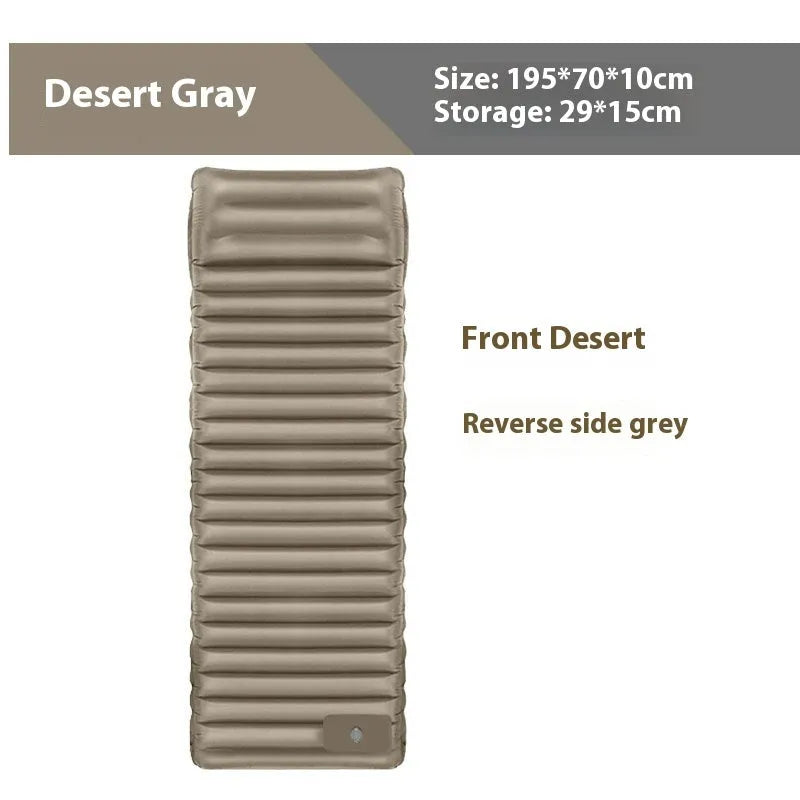 Portable inflatable camping mattress expanded to 195cm × 70cm × 10cm dimensions in desert gray colour