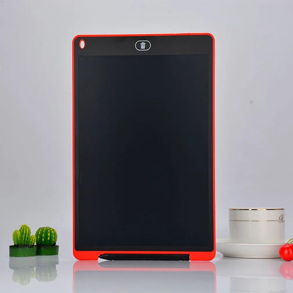 Children's LCD electronic handwriting board in blue colour with stylus pen on a table.