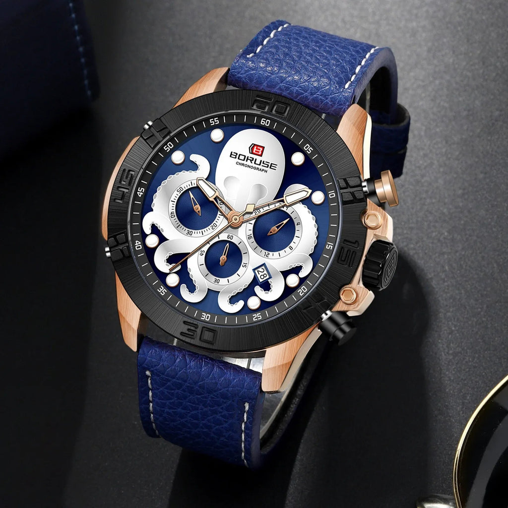 Octopus men's waterproof luminous quartz watch in black or blue colour options
