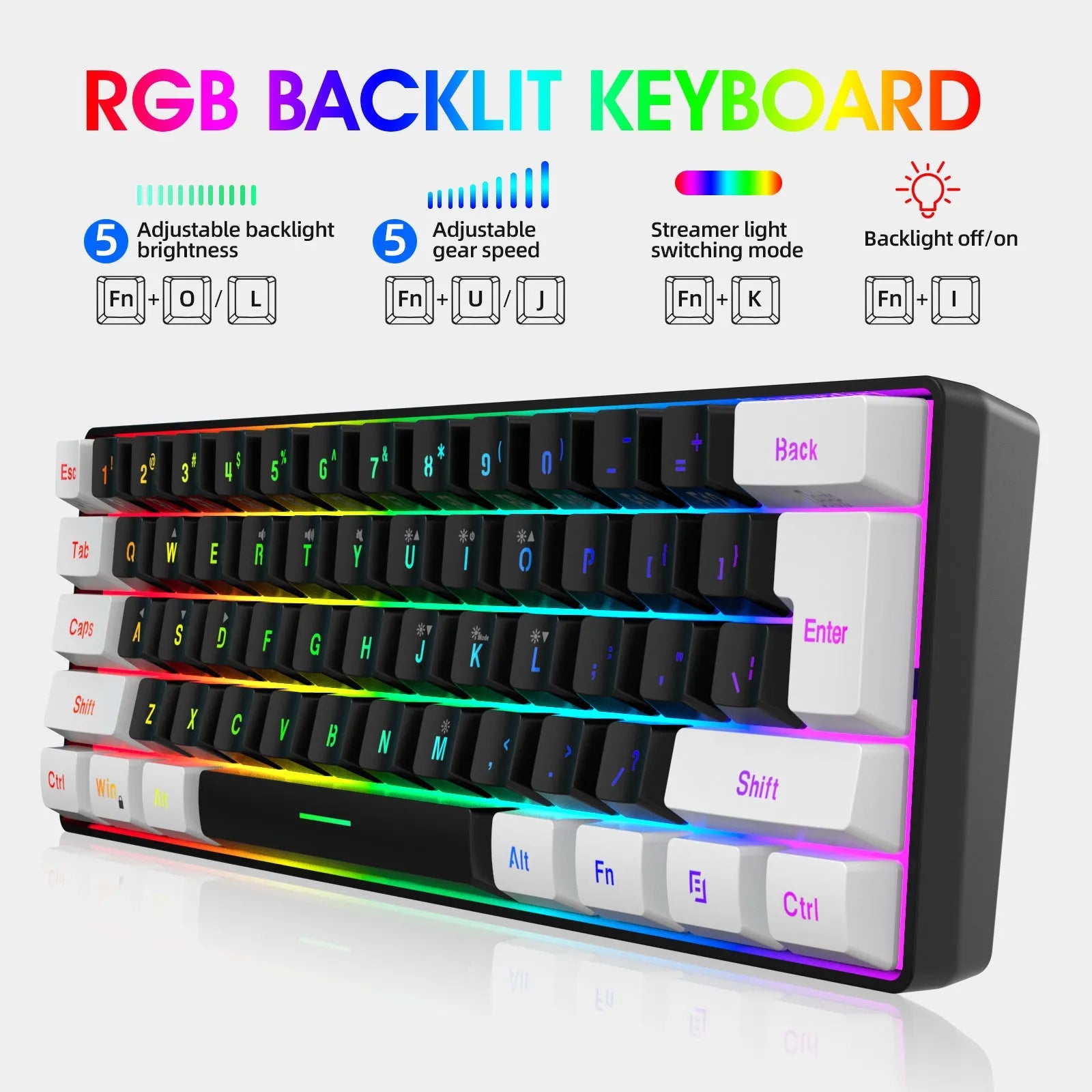 White and black wired gaming keyboard and mouse combo set with colour backlight on a desk