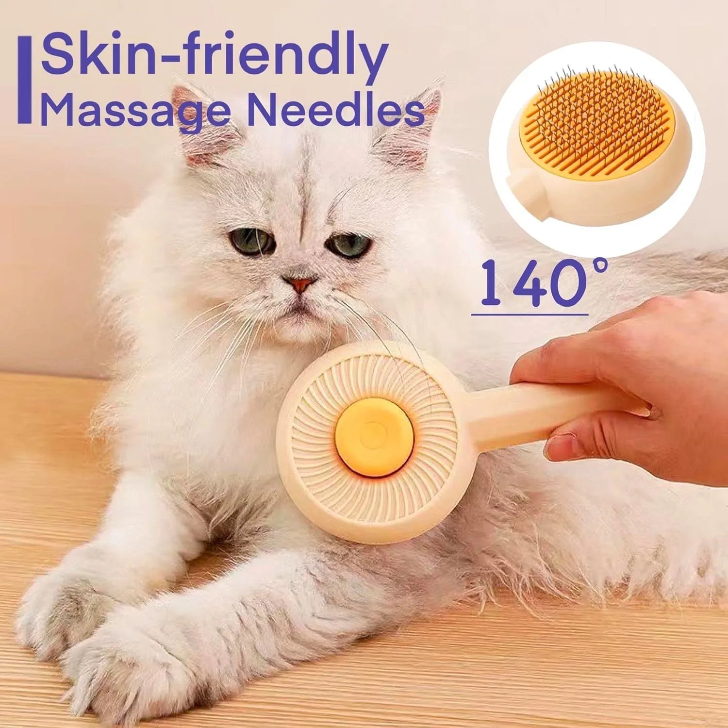 Blue and yellow pet grooming brush with angled bristles and self-cleaning button