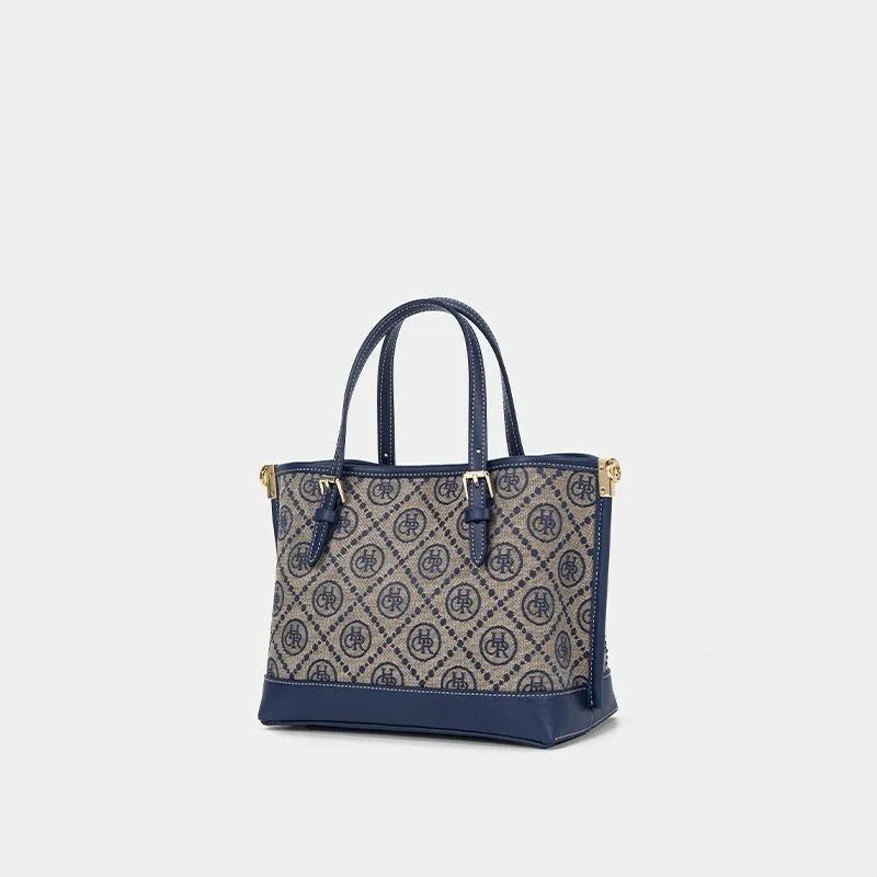 Blue PU tote bag with jacquard star diamond pattern, 29x15.5x19cm, horizontal square shape, small portable size