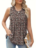 Plus size black floral print sleeveless vest with round neckline on a hanger.