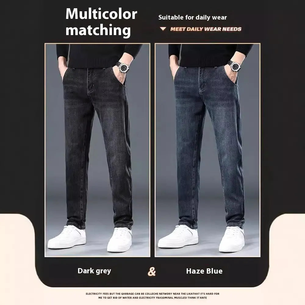 Men's slim straight casual trousers in thin polyester fabric available in black and blue grey colours