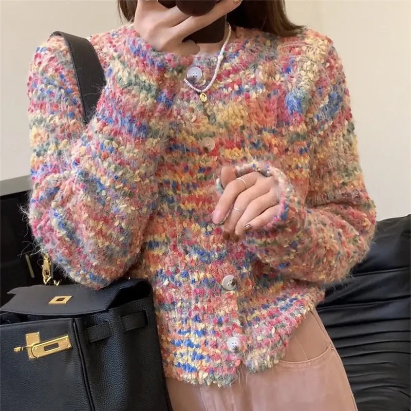 Retro style acrylic fibre knitted rainbow sweater cardigan in pink or green with regular sleeves