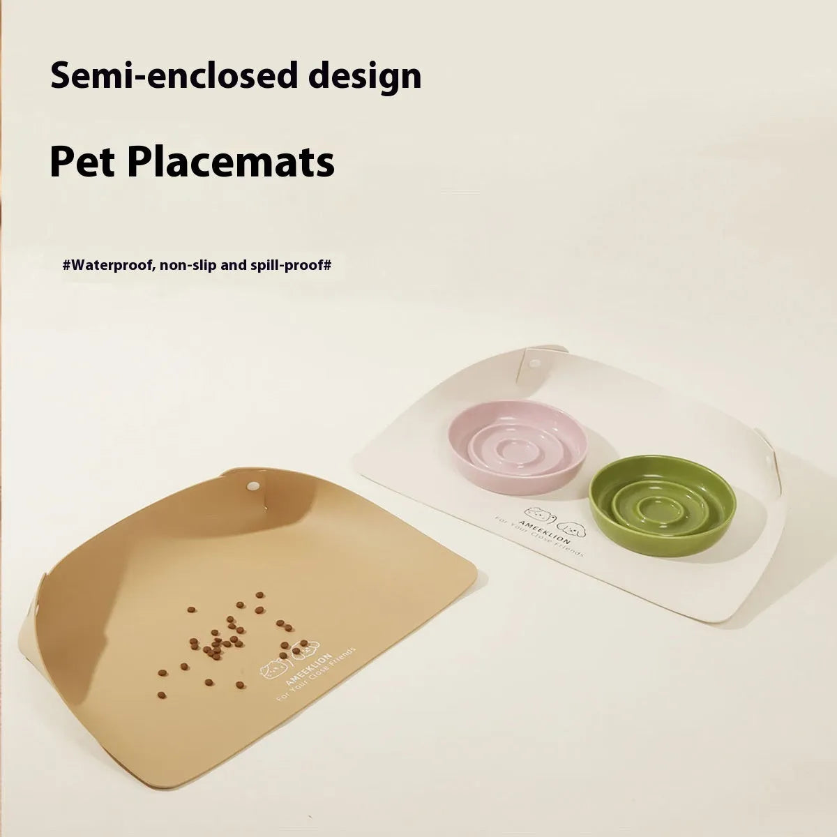 Anti-spill waterproof leather pet placemat in apricot colour under dog bowl