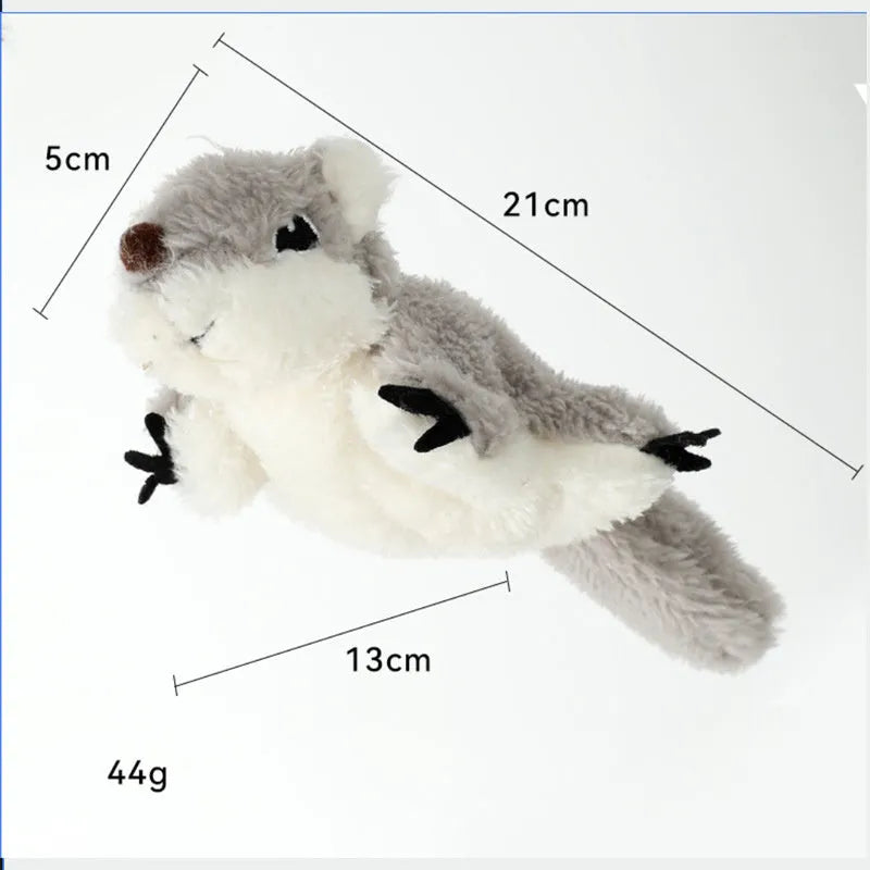Gray flapping squirrel cat toy with touch-activated motion and USB charging port