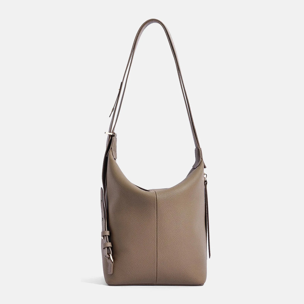 Women's soft genuine cowhide leather bucket bag in elephant grey colour