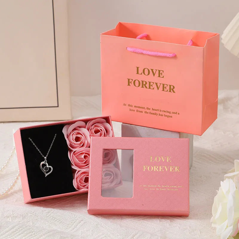 Korean style soap flower gift box set with six flowers in gift box and handbag
