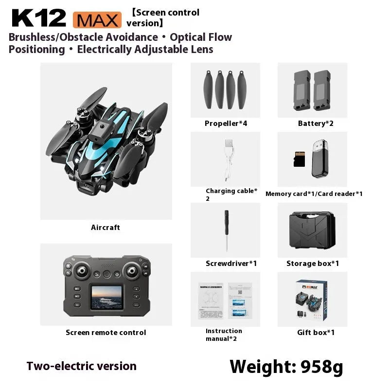 K12MAX brushless folding UAV drone with screen remote control and dual cameras for aerial photography