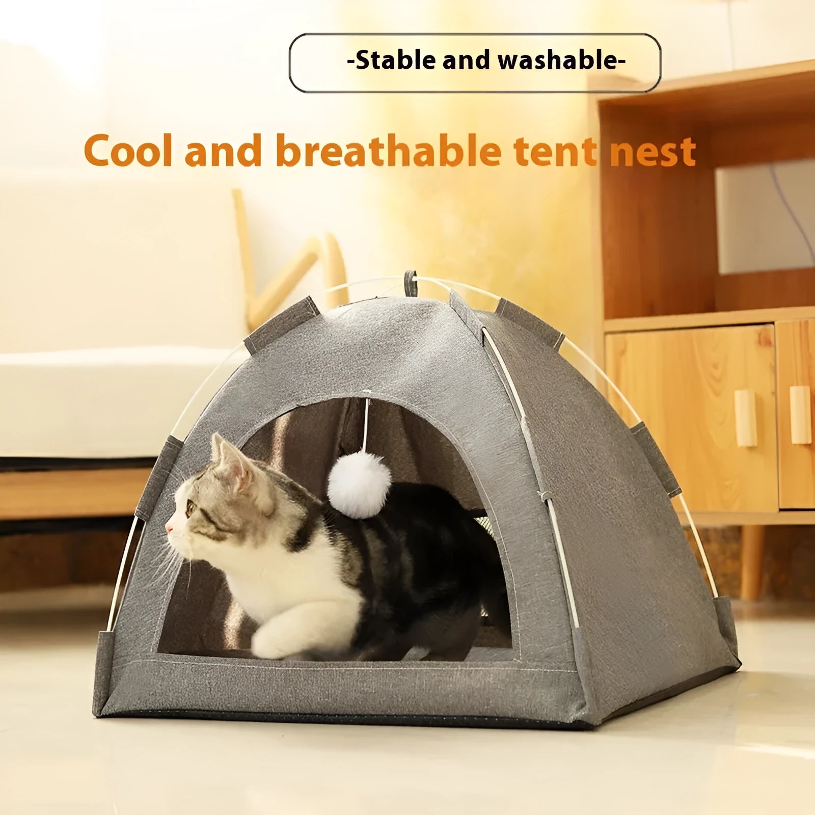 Breathable cloth cat tent nest in industry gray for indoor outdoor use, size medium