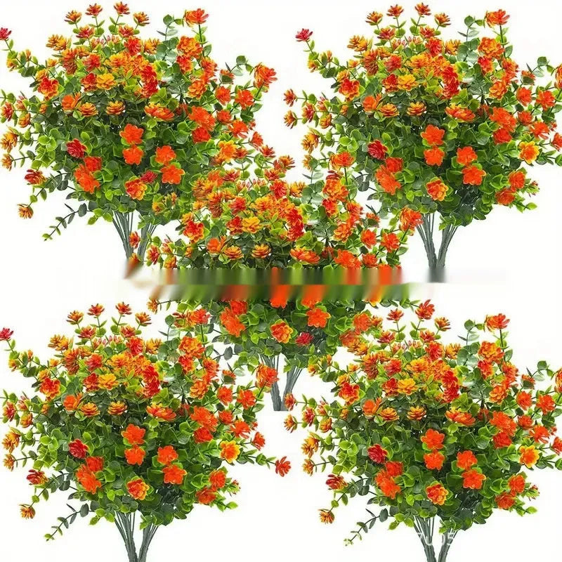 Artificial eucalyptus camellia plastic bouquet in mixed colours on white background