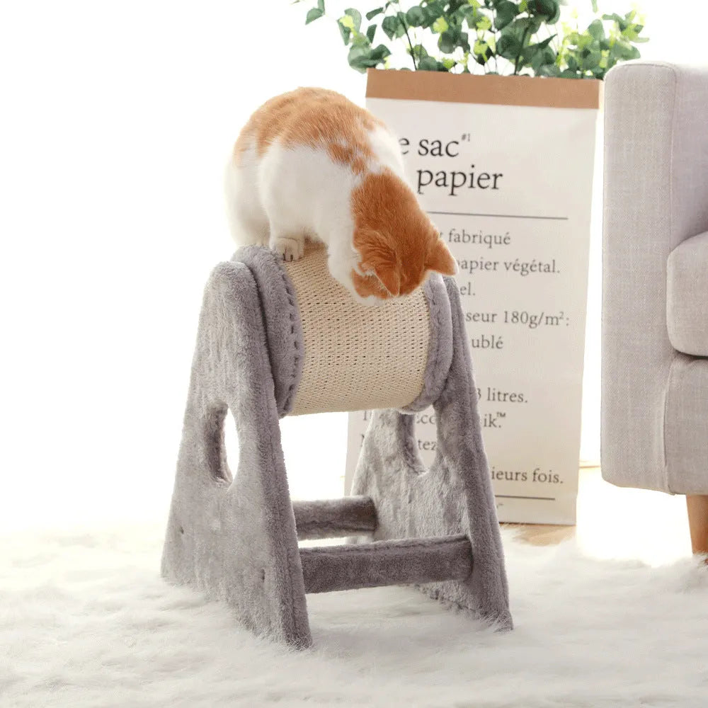 Grey small cat climbing frame with dual-axis roller, sisal bucket, and fur lying surface