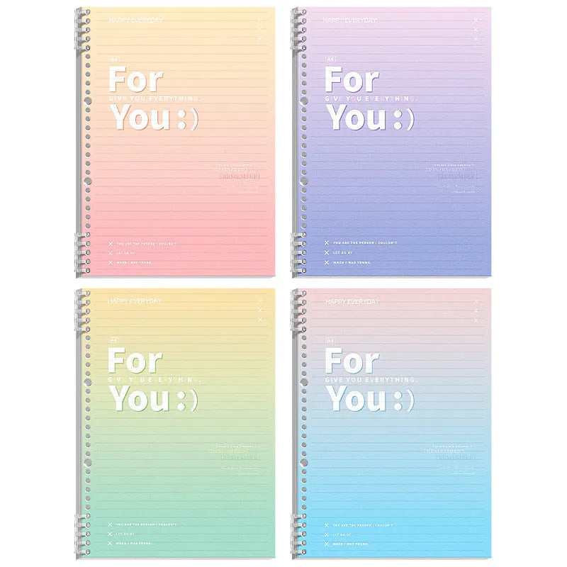 Removable coil notebook with gradient PP cover in green blue pink and purple showing wood-free paper pages