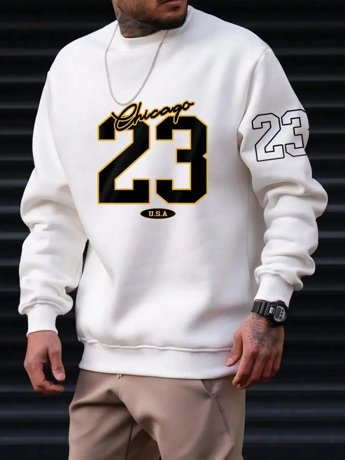 Men's art letter design fleece sweatshirt pullover in black, front view