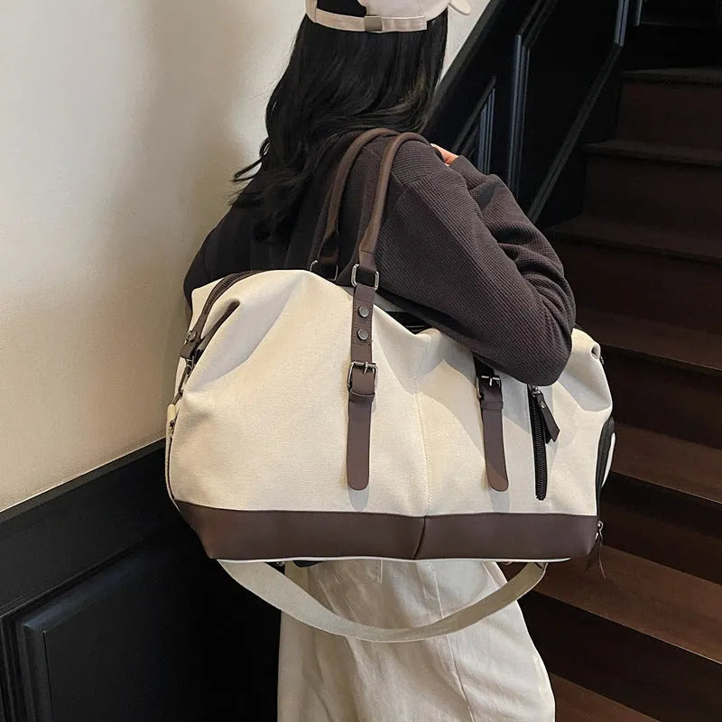 Canvas travel shoulder bag for men and women, breathable leisure bag, available in Black, Milky White, and Green