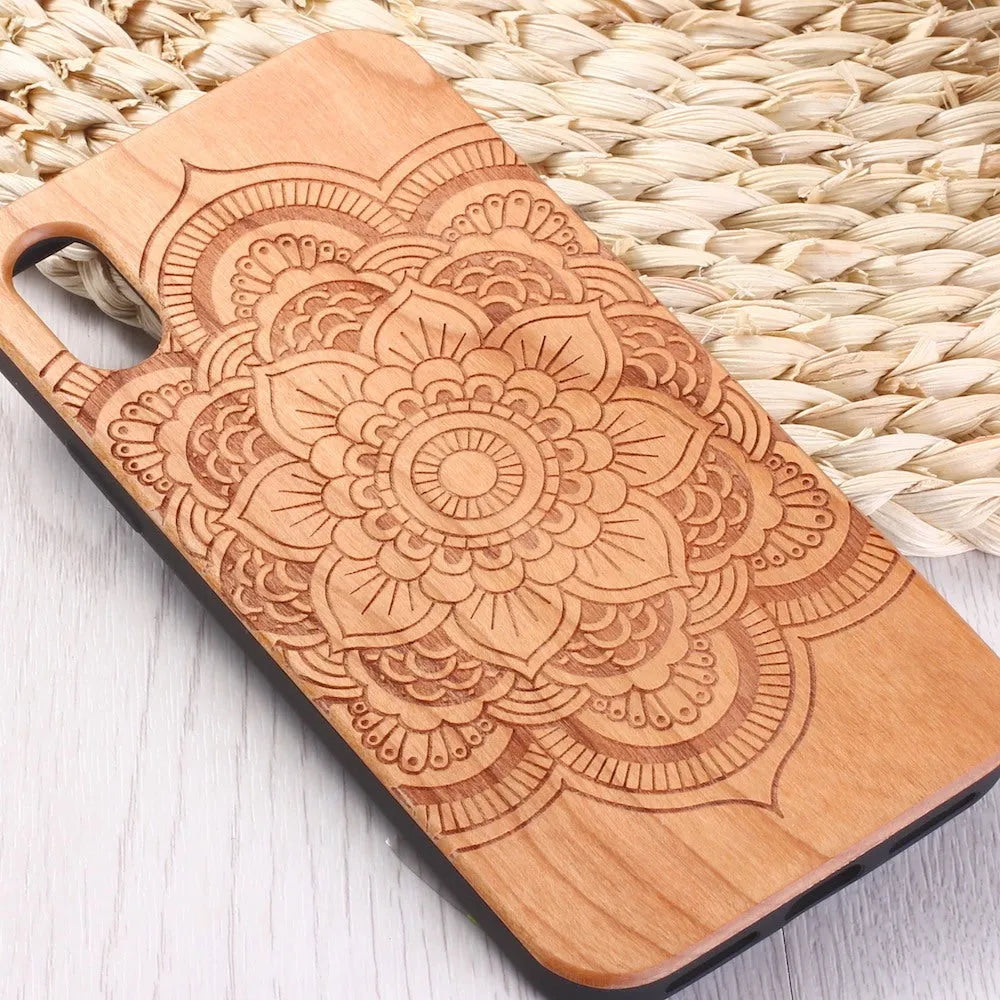 Mandala stick wood TPU phone case with laser-carved design for iPhone, brown finish