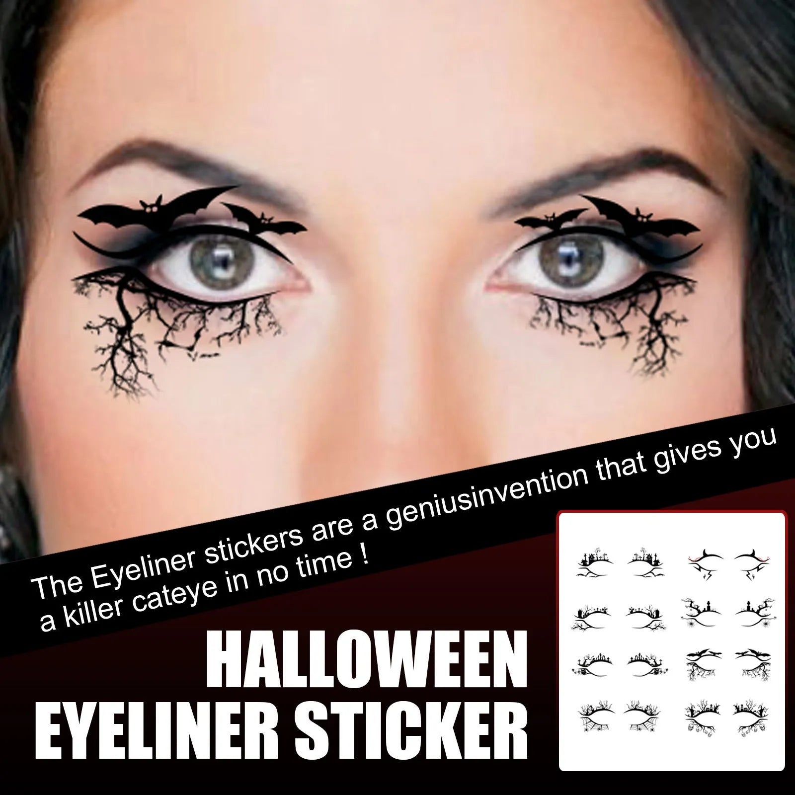 Bat and spider motif eyeliner stickers set with 8 pairs for decorative eye makeup