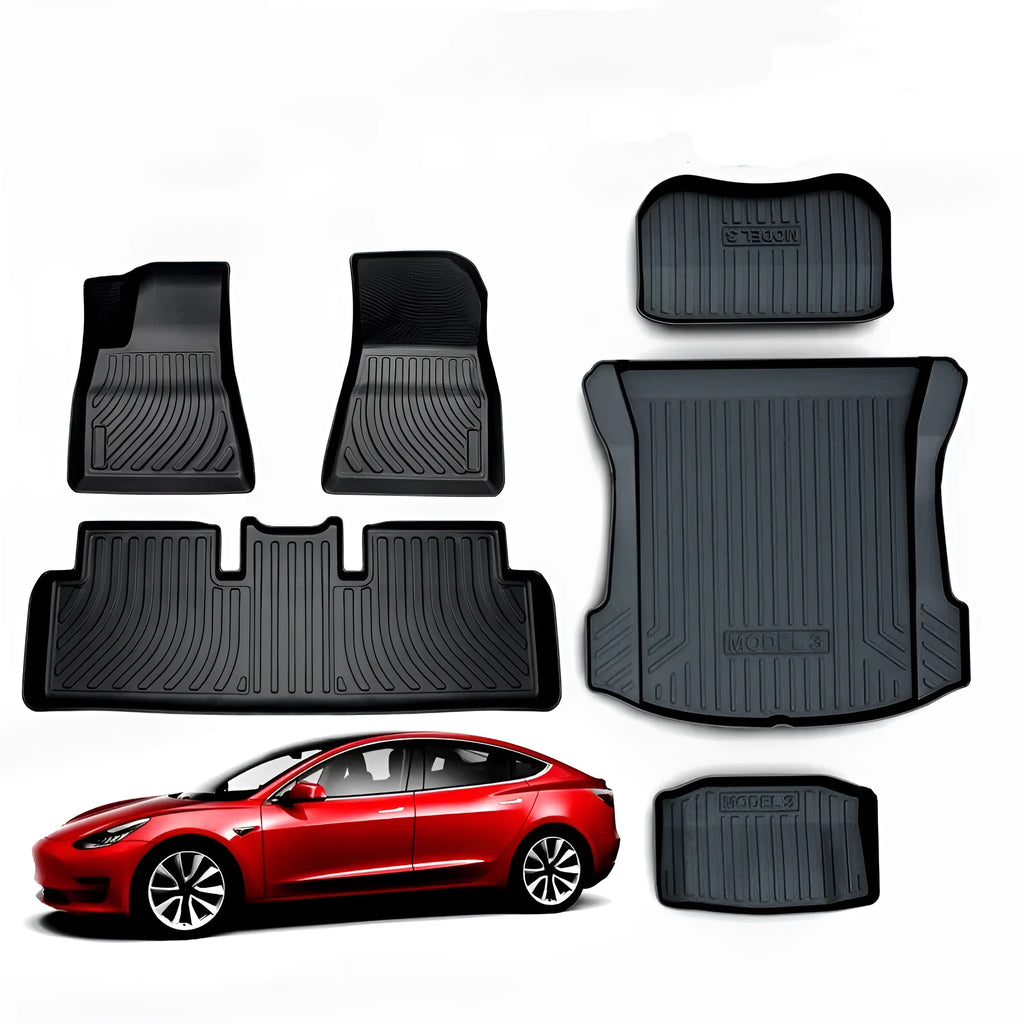 Custom rubber and TPE floor mat set for Tesla Model 3, Y, X, and S interior protection.