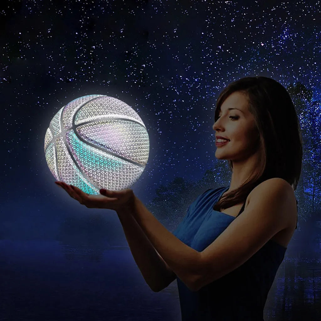 Glowing luminous fluorescent basketball with reflective effect for night games, white and colourful design