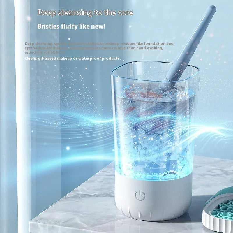 White rechargeable electric cleaning brush for makeup tools with 24cm plastic body and data cable