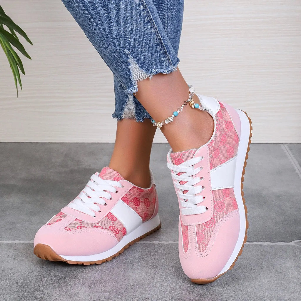 Women's oversized casual lace-up shoes with floral design in khaki colour showing round toe and cross-strap detailing