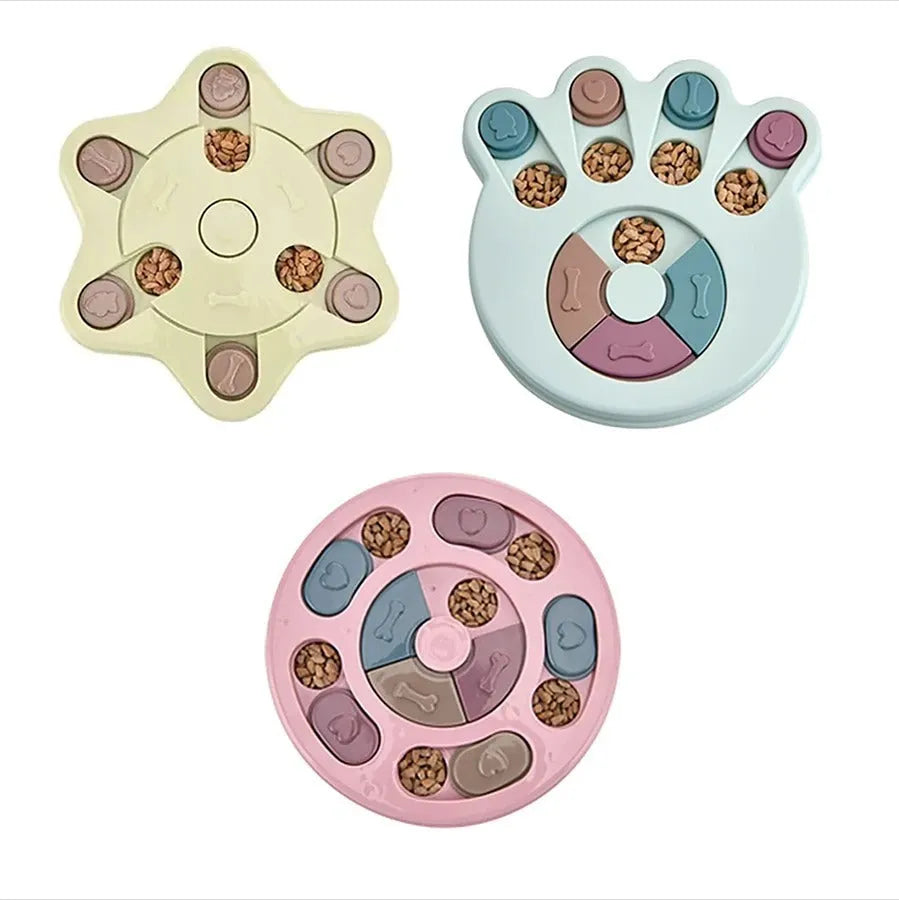 Dog puzzle feeder toy in PP material with non-slip base, available in footprint, round and hexagonal styles.