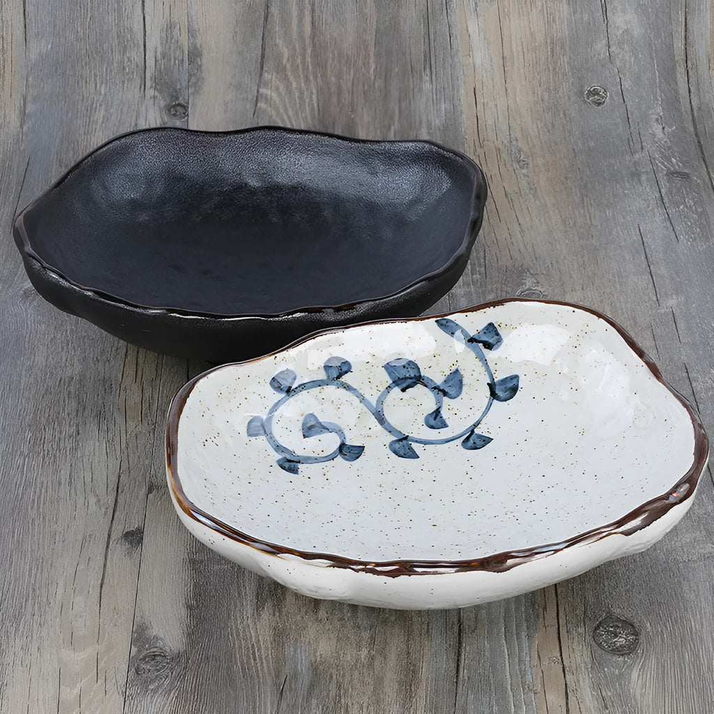 Creative Japanese style coarse pottery bowl with irregular shape and floral decorations
