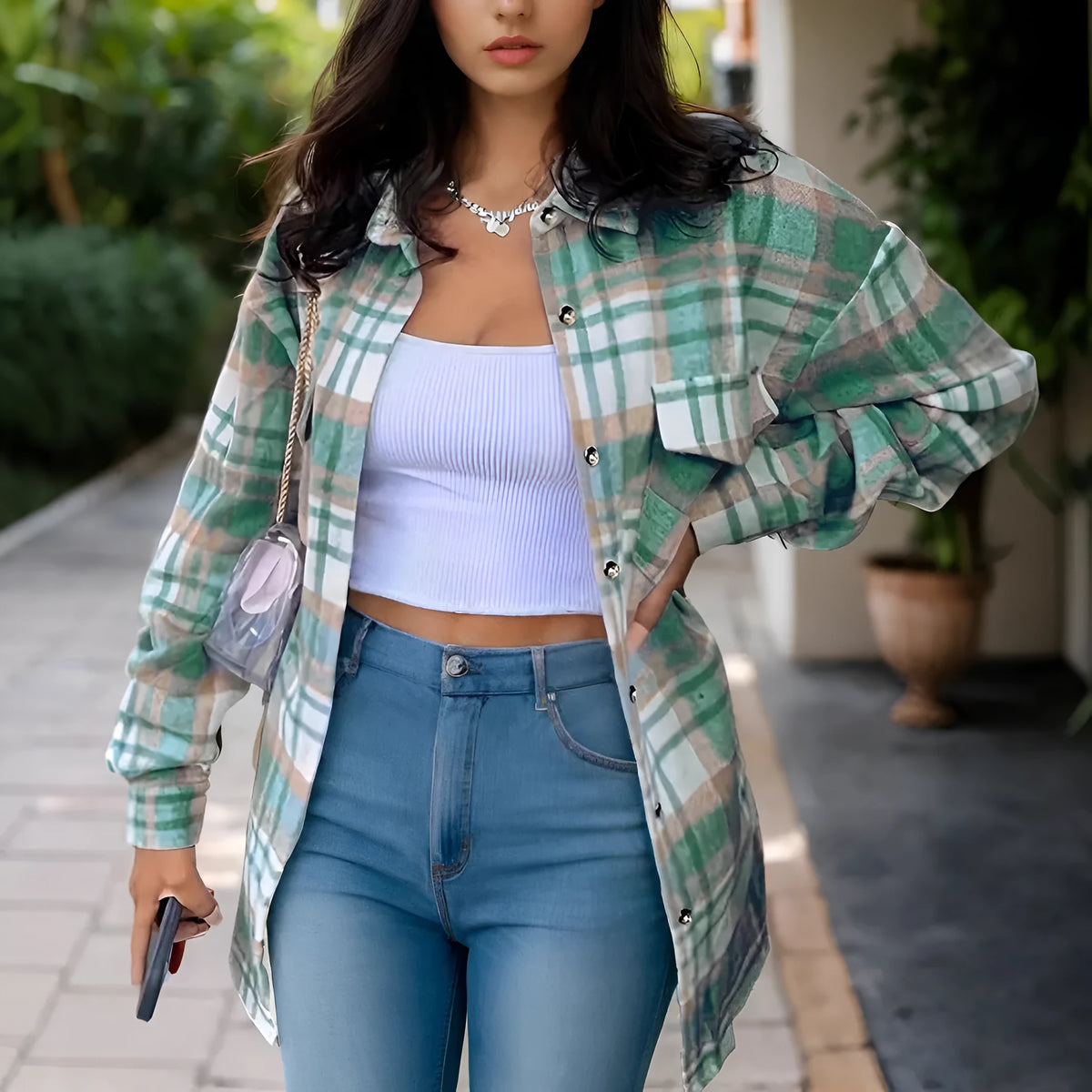 Women's lapel plaid long sleeve shirt jacket in blue with pockets, casual cardigan coat