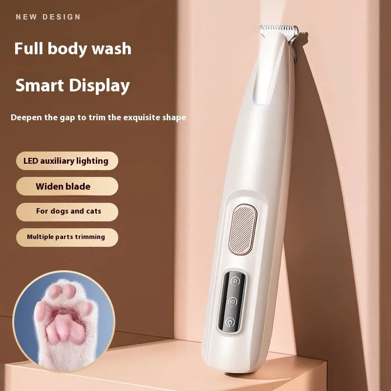White waterproof dog paw trimmer with LED light and LED display, 18mm widened stainless steel blade, cordless rechargeable pet hair clipper