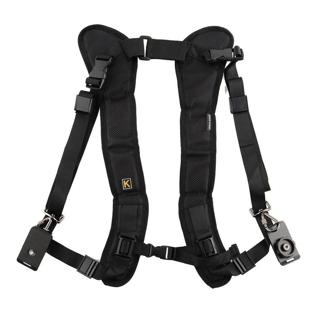 Black professional dual shoulder strap for carrying two SLR cameras simultaneously.