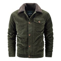 Men's corduroy cardigan coat loose fit single breasted front velvet lining army green