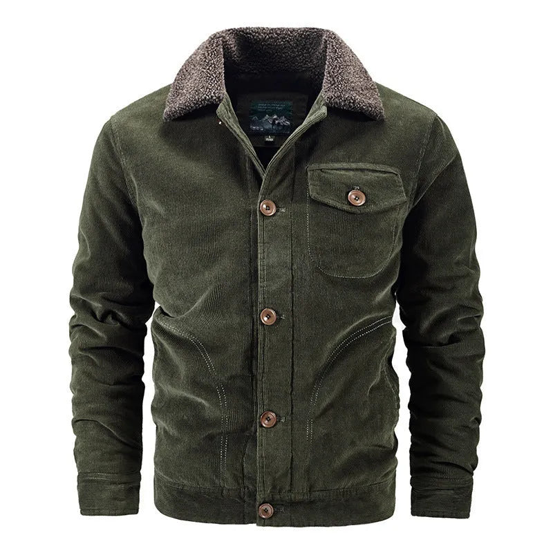 Men's corduroy cardigan coat loose fit single breasted front velvet lining army green