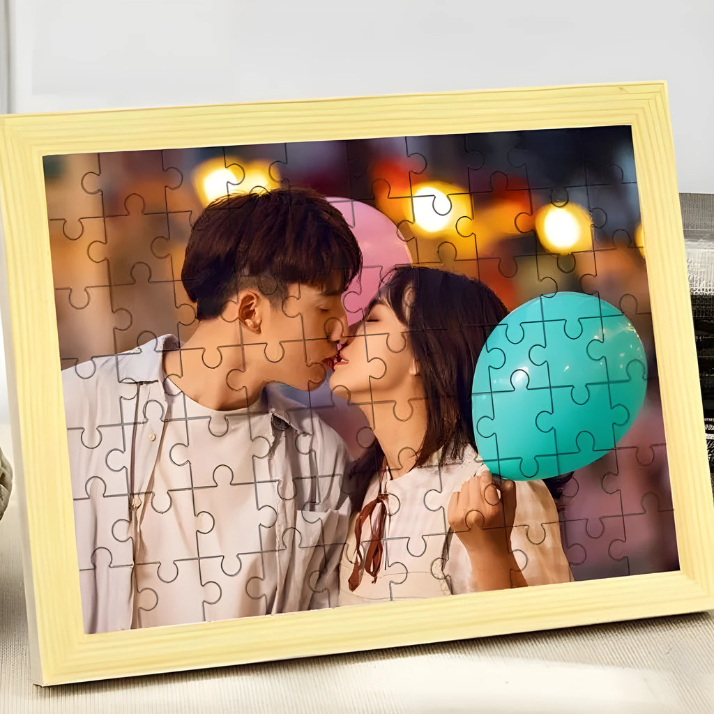 Wooden photo jigsaw puzzle with included photo frame, available in 70 to 500 piece sets
