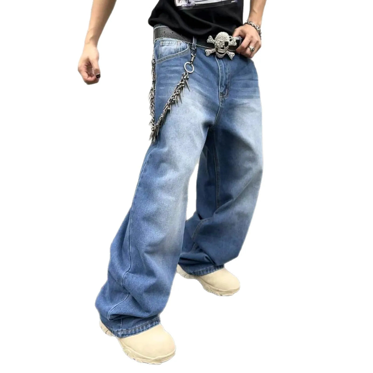 Men's sky blue cotton denim straight loose fit jeans with zip placket, casual style