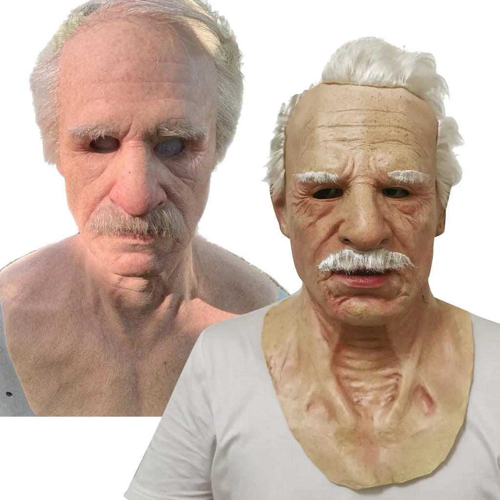 Latex old man mask with white hair and white beard for Halloween fancy dress