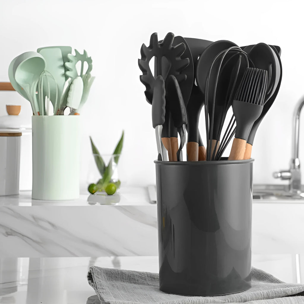 12-piece silicone kitchenware set with wooden handles in modern simplicity style, assorted colour box packaging