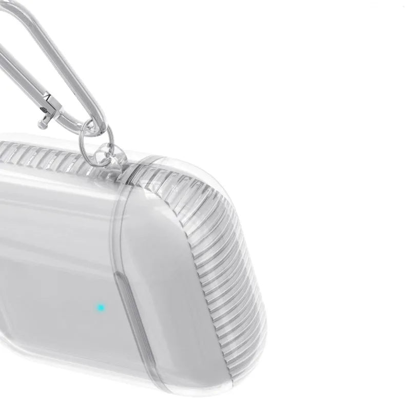Transparent TPU soft case for AirPods 2 with airbag shock protection, showing snug fit and clear finish