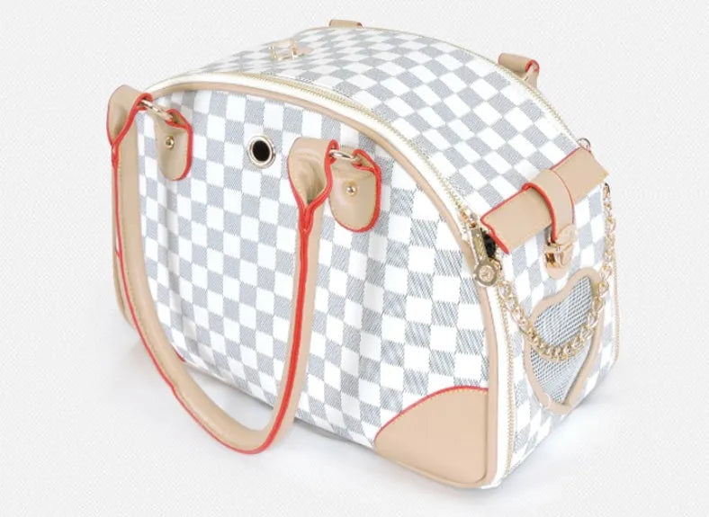 PU pet carrier bag for small dogs and cats, 8 kg max, shown in white and brown with S and L size options