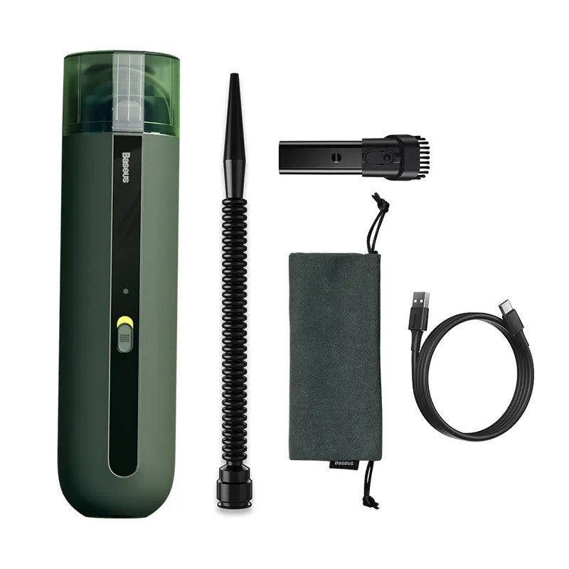 Wireless handheld car vacuum cleaner with blowing hose and HEPA filter.
