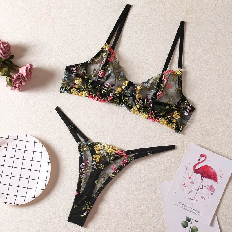 Floral mesh bra with steel ring T-back and coordinating briefs in various colours.