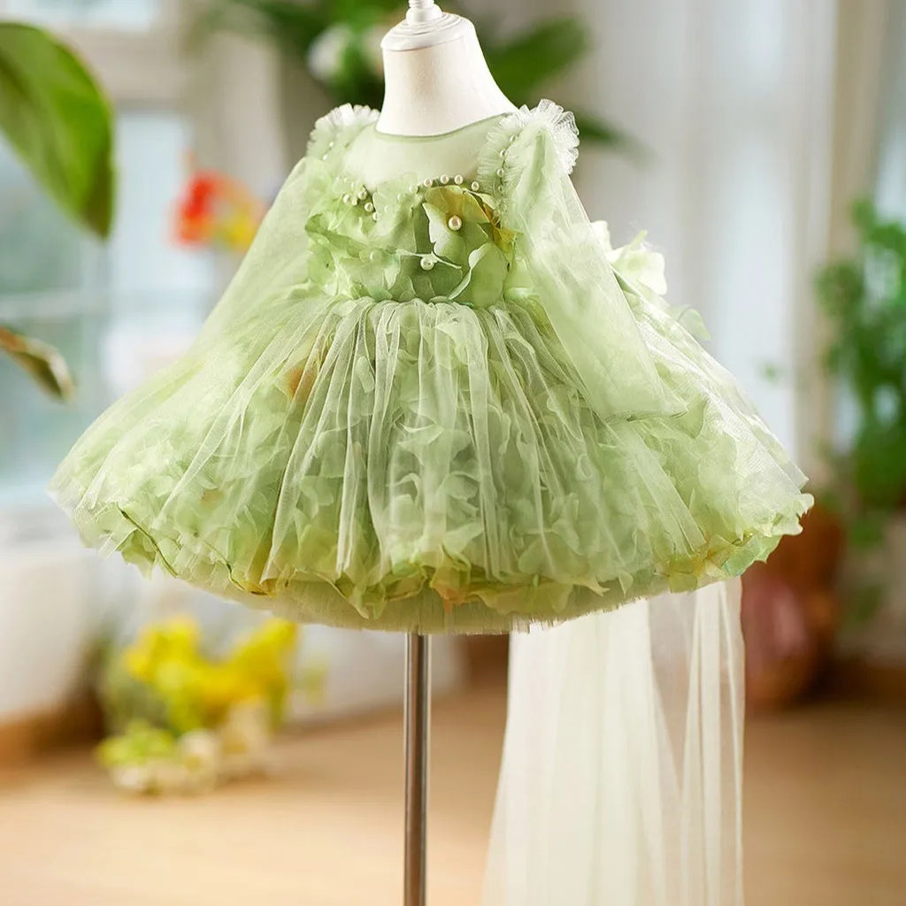 Green Mori style girl's peanut day princess dress with chemical fibre blend fabric and lining
