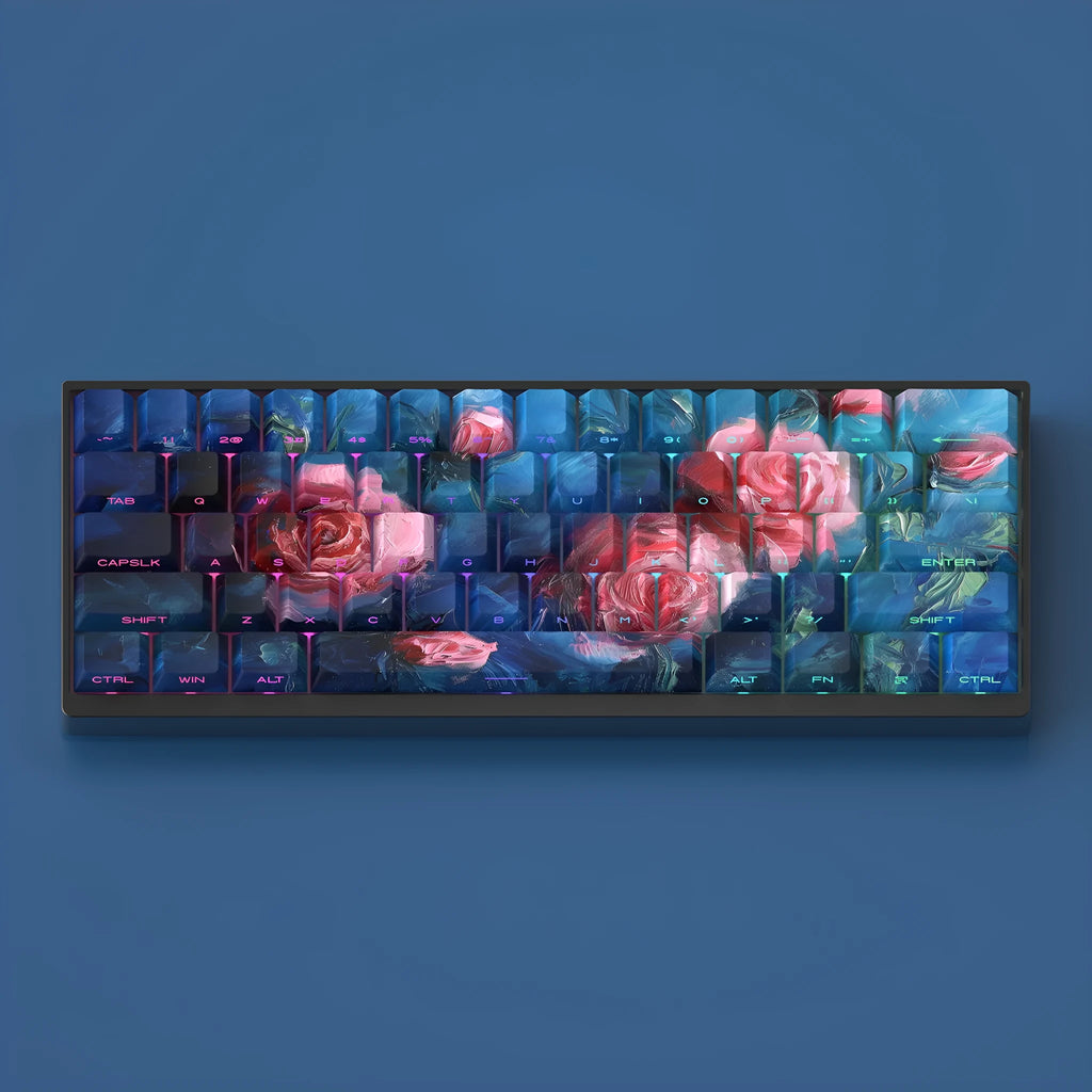 Roses coloured oil painting style side carved transparent PBT keycap set with 130 pieces for mechanical keyboards