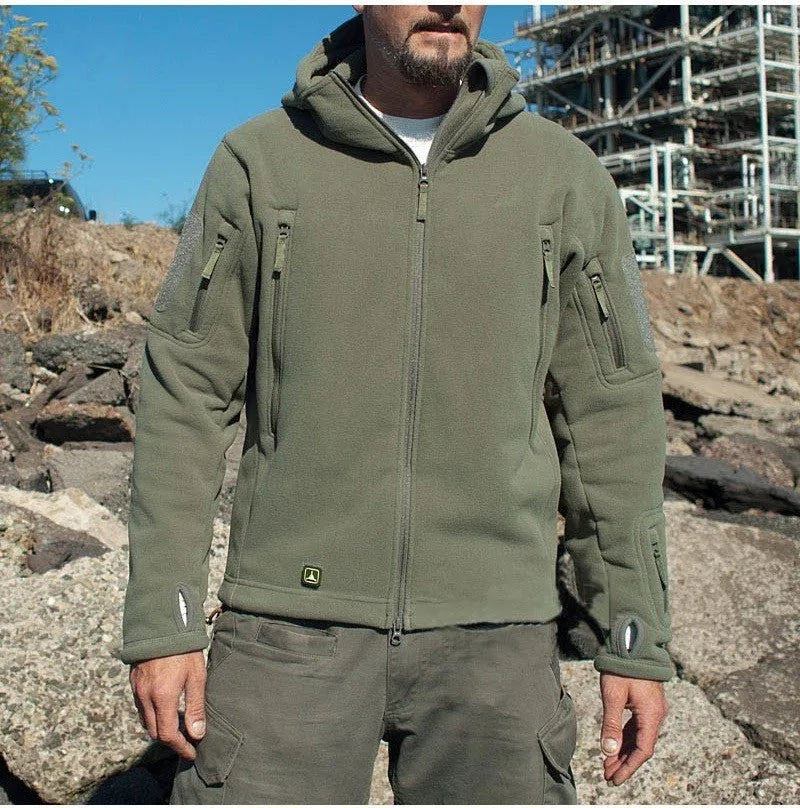 Men's military tactical jacket in Army Green with warm hood, soft shell fabric for outdoor hiking and sports
